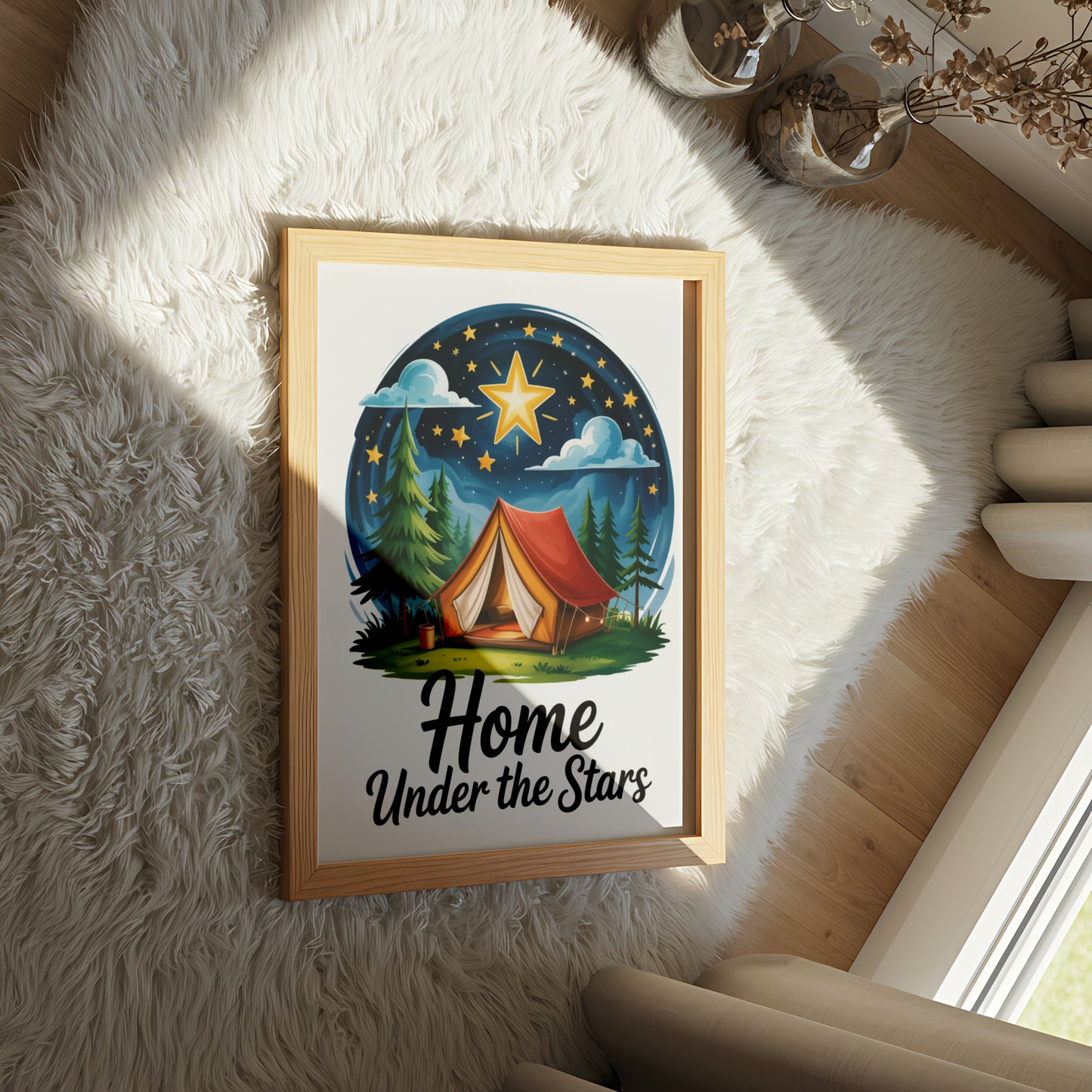 "Home Under the Stars" Cozy Camping Tent in a Forest Night Sky Scene - Outdoor Activities