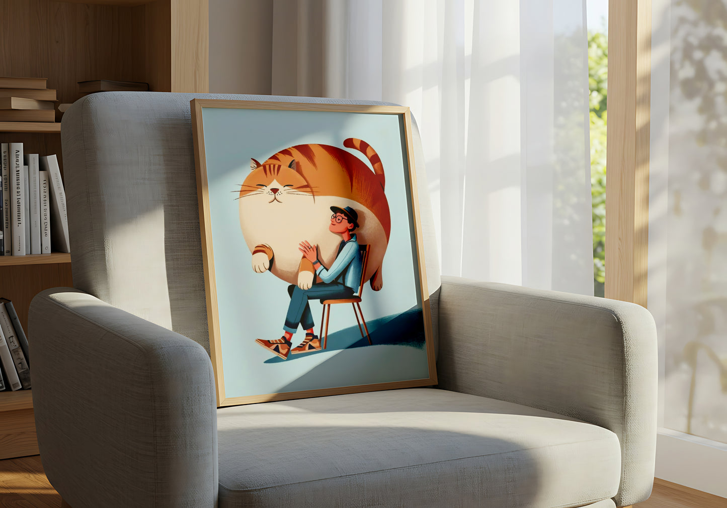 Funny Illustration of Man Hugging Giant Fat Cat - Dog and Cat Posters