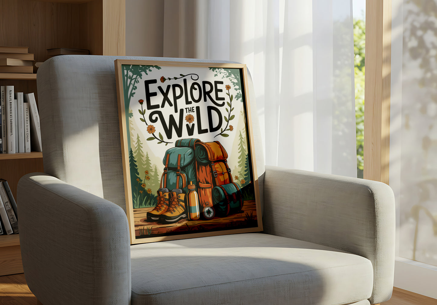 Explore the Wild and Adventure Hiking Gear Illustration with Backpacks, Boots, and Compass - Outdoor Activities