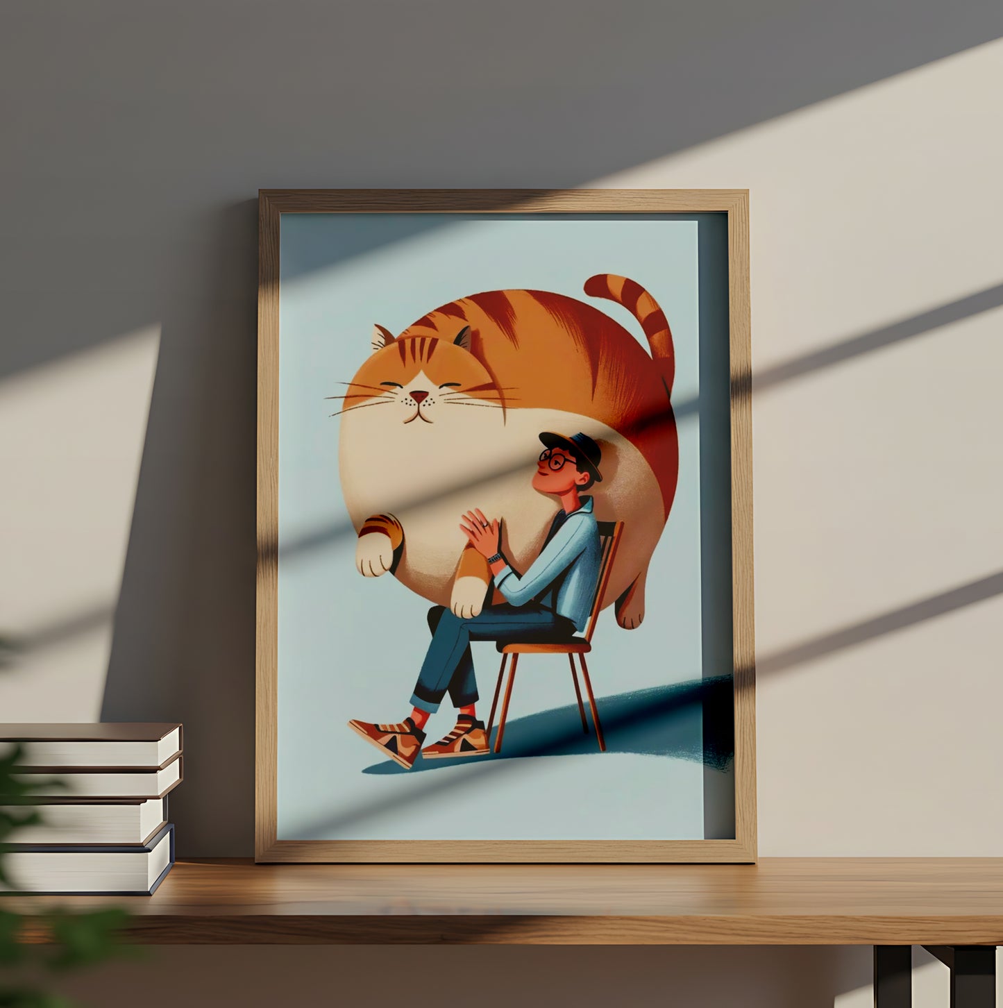 Funny Illustration of Man Hugging Giant Fat Cat - Dog and Cat Posters