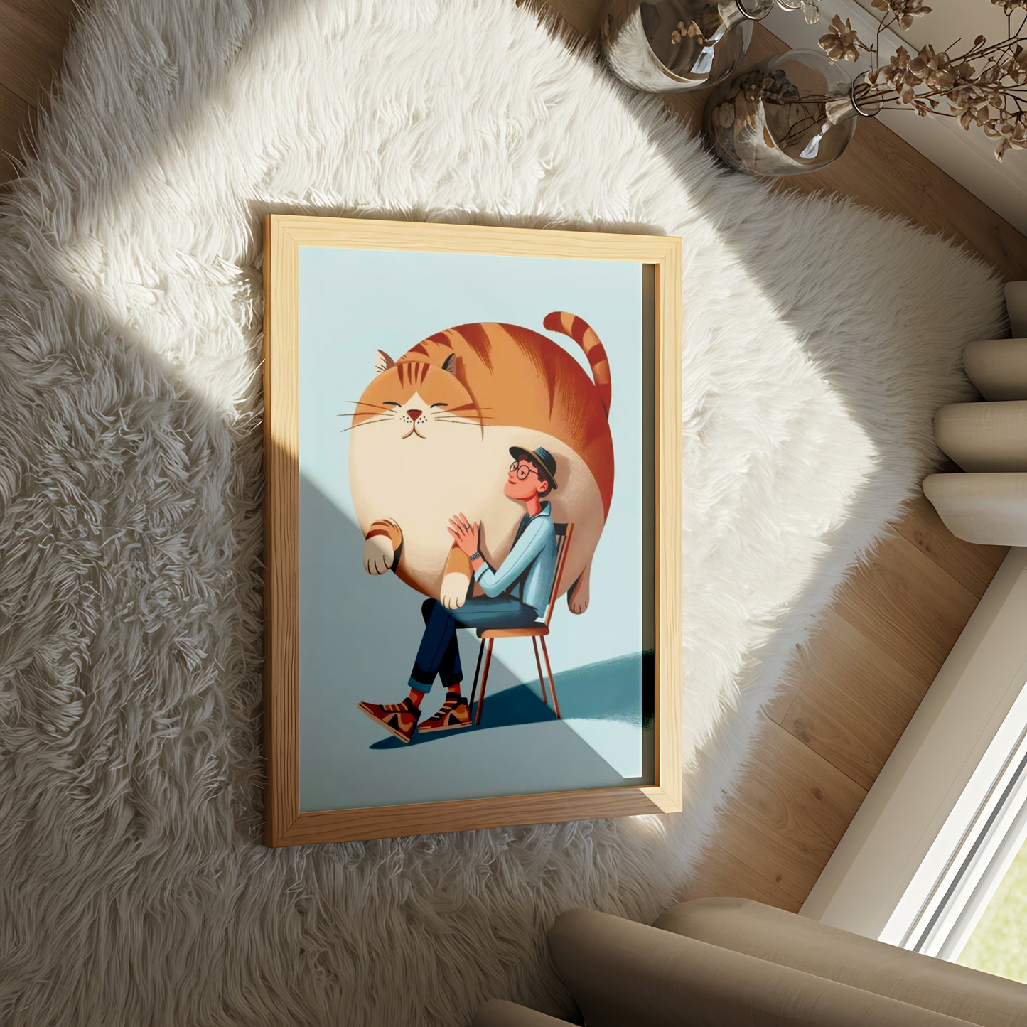 Funny Illustration of Man Hugging Giant Fat Cat - Dog and Cat Posters