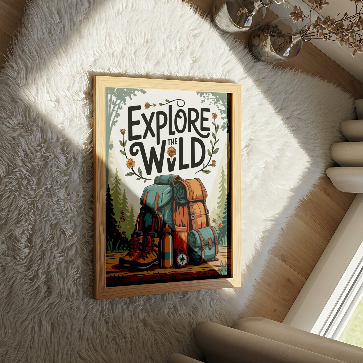 Explore the Wild and Adventure Hiking Gear Illustration with Backpacks, Boots, and Compass - Outdoor Activities