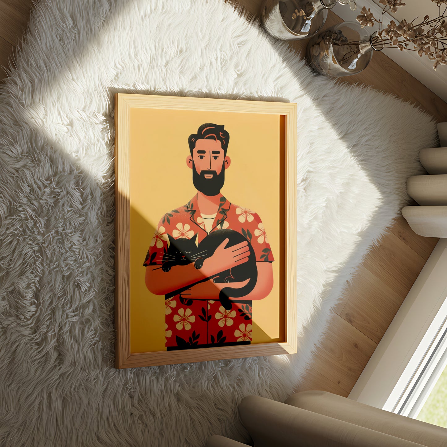 Bearded Man in Hawaiian Shirt Holding Black Cat - Dog and Cat Posters