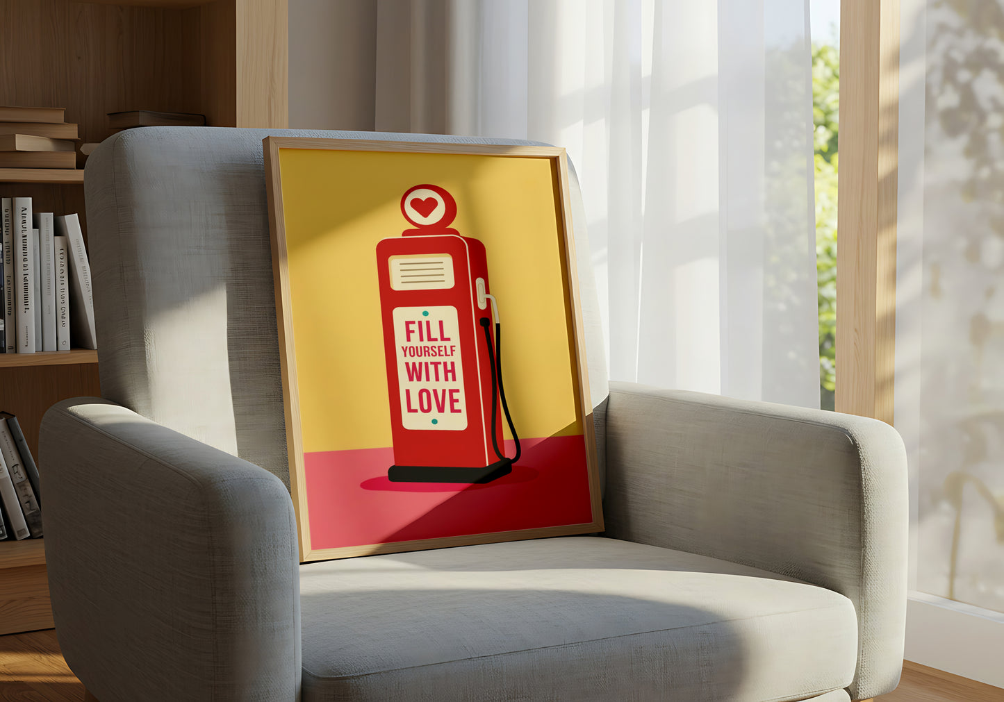 "Fill Yourself with Love" Retro Gas Pump Wall Art with Heart Symbol - Mental Health Poster