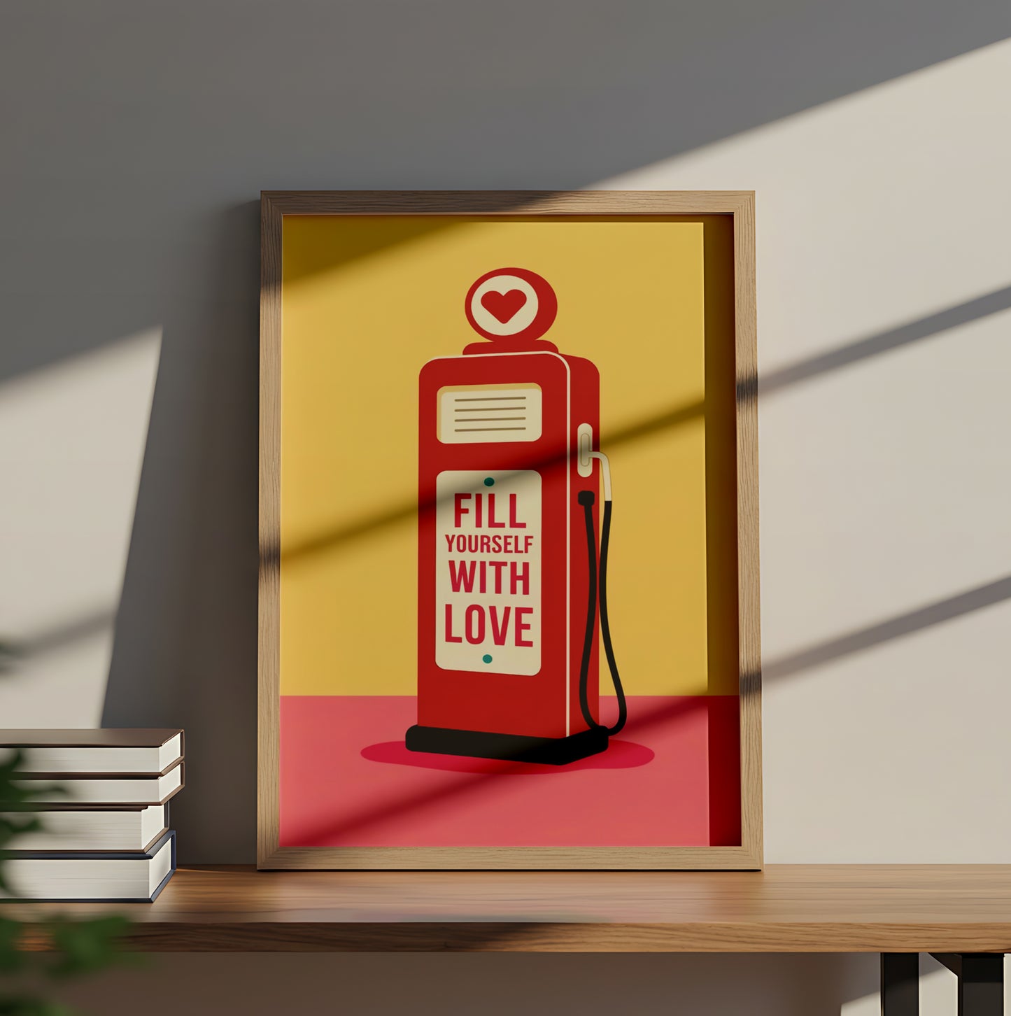 "Fill Yourself with Love" Retro Gas Pump Wall Art with Heart Symbol - Mental Health Poster