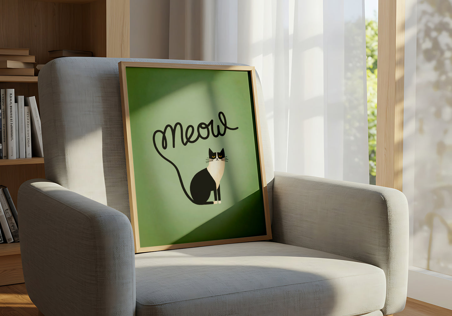 Whimsical Black and White Cat Illustration with 'Meow' Tail - Dog and Cat Posters