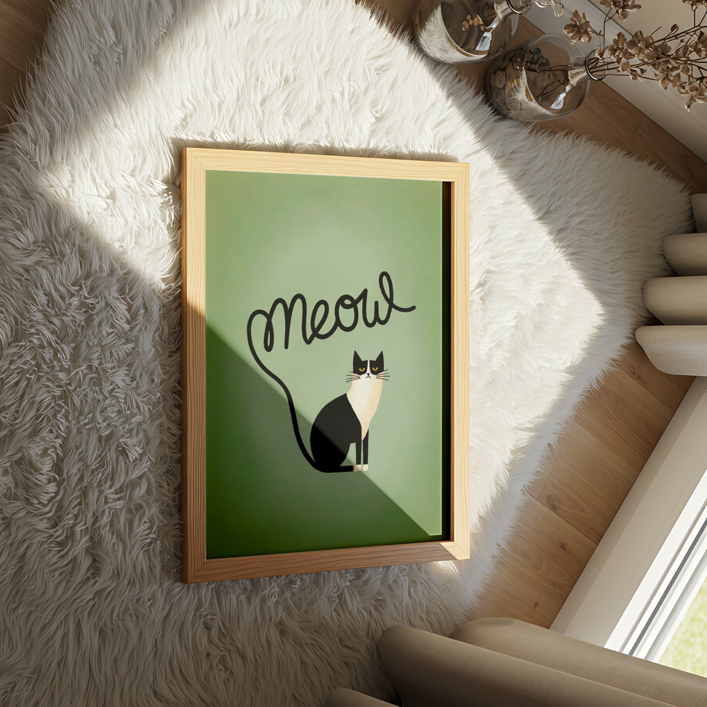 Whimsical Black and White Cat Illustration with 'Meow' Tail - Dog and Cat Posters