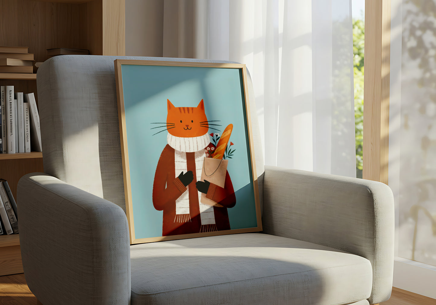 Cozy Orange Cat with Scarf Holding Groceries - Dog and Cat Posters