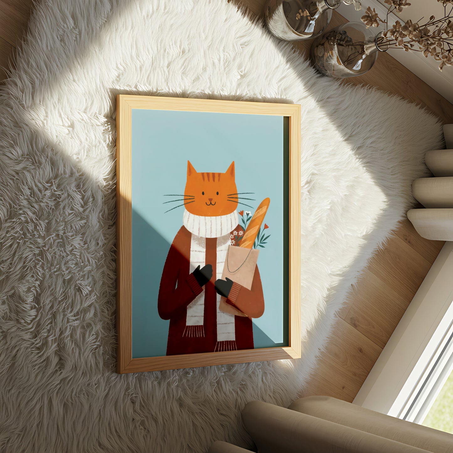 Cozy Orange Cat with Scarf Holding Groceries - Dog and Cat Posters