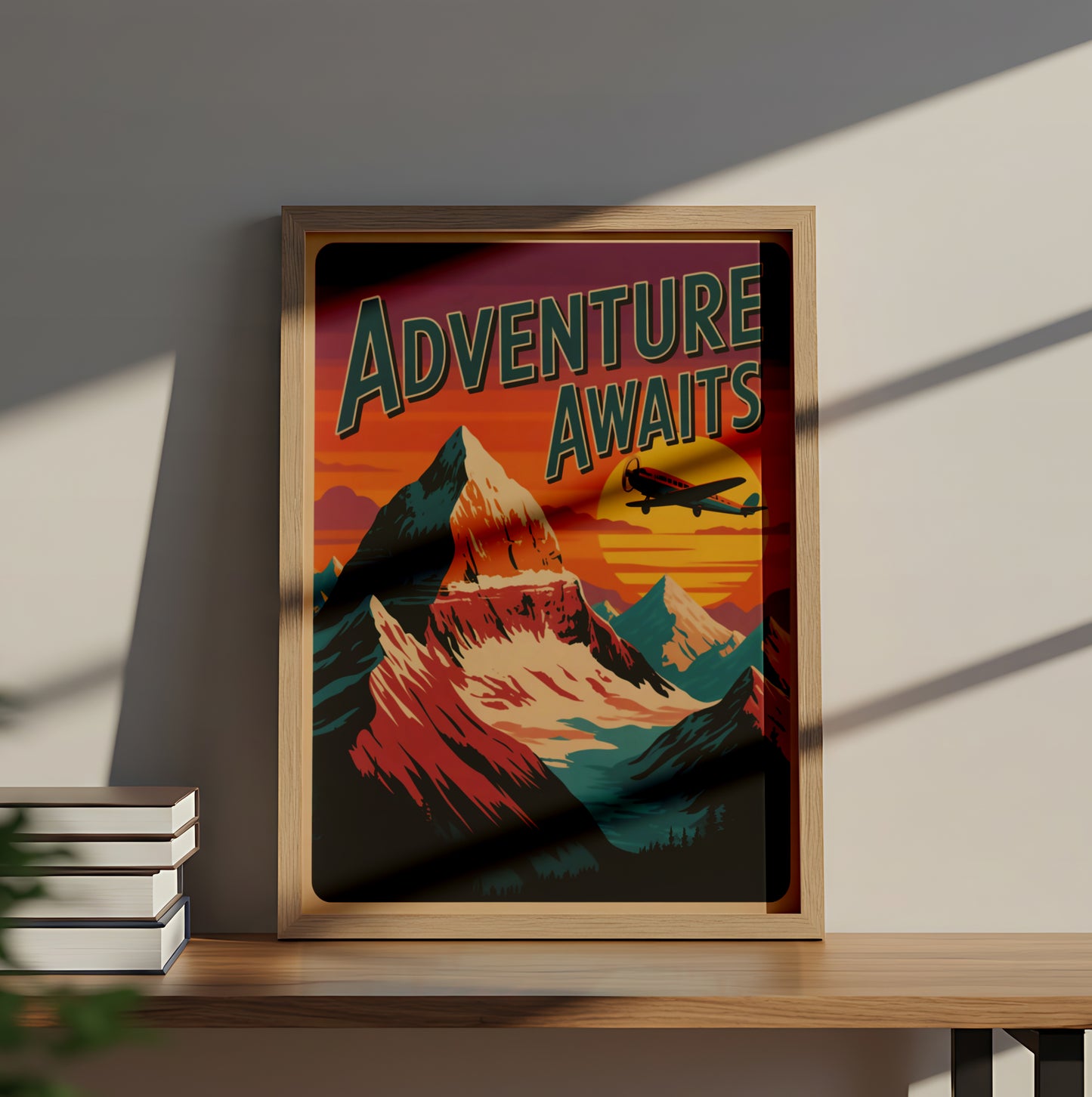 "Adventure Awaits" Vintage Travel Poster with Mountains and Airplane at Sunset - Outdoor Activities