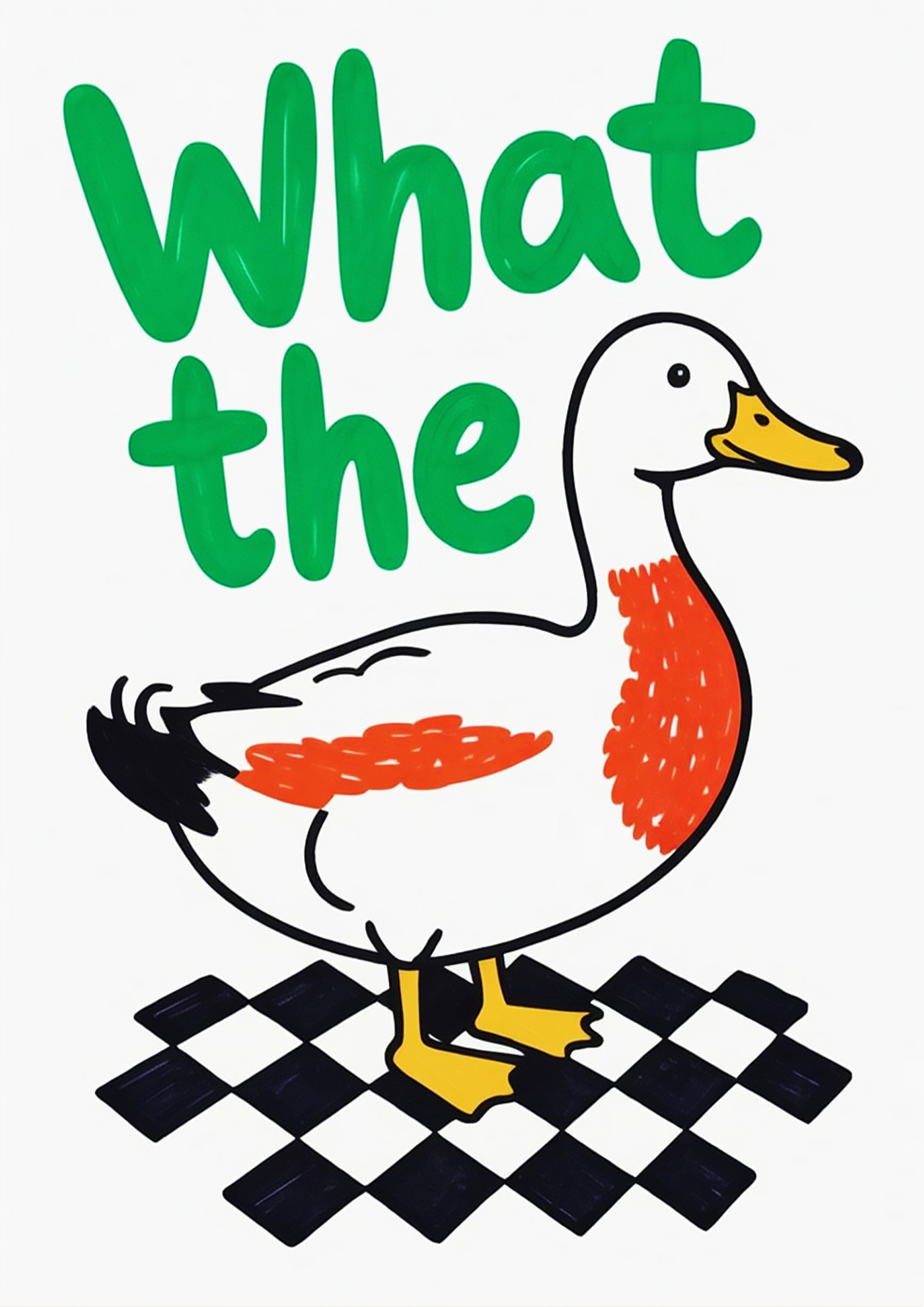 "What the Duck" Cartoon Duck Art on Checkered Floor - Funny Poster