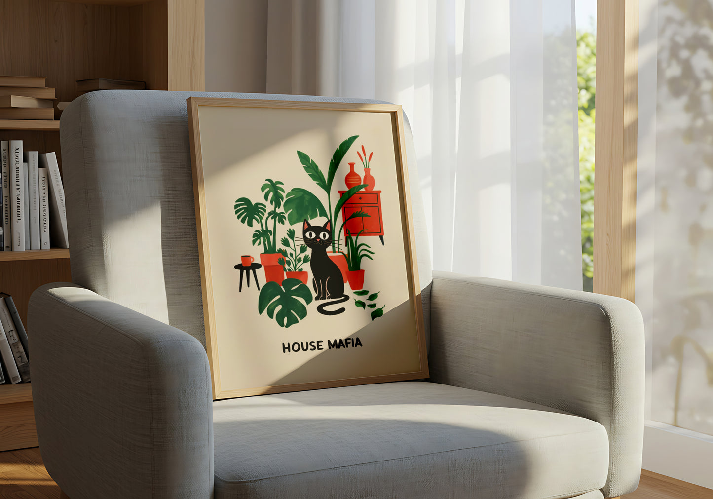 Black Cat with Houseplants and Retro Decor “House Mafia” - Dog and Cat Posters