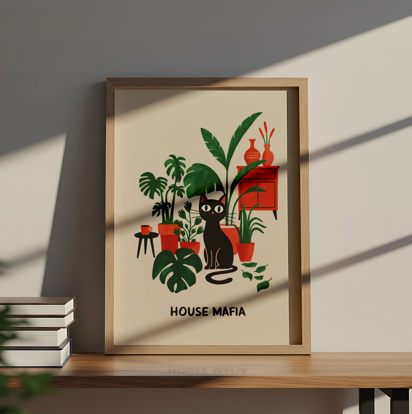Black Cat with Houseplants and Retro Decor “House Mafia” - Dog and Cat Posters