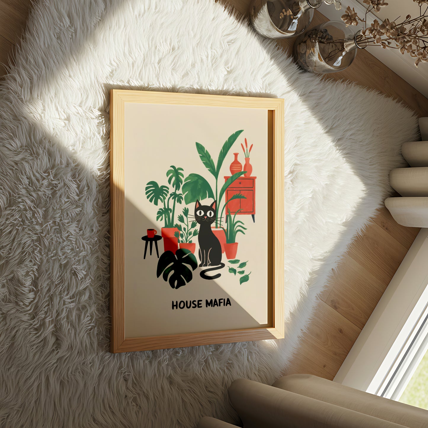 Black Cat with Houseplants and Retro Decor “House Mafia” - Dog and Cat Posters