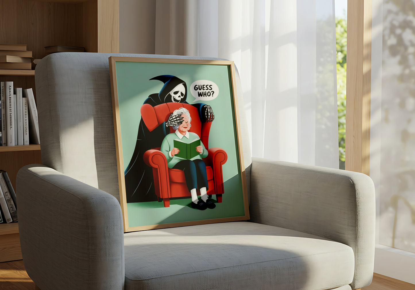 "Guess Who" Dark Humor Illustration Grim Reaper Surprising Elderly Woman Reading - Funny Poster
