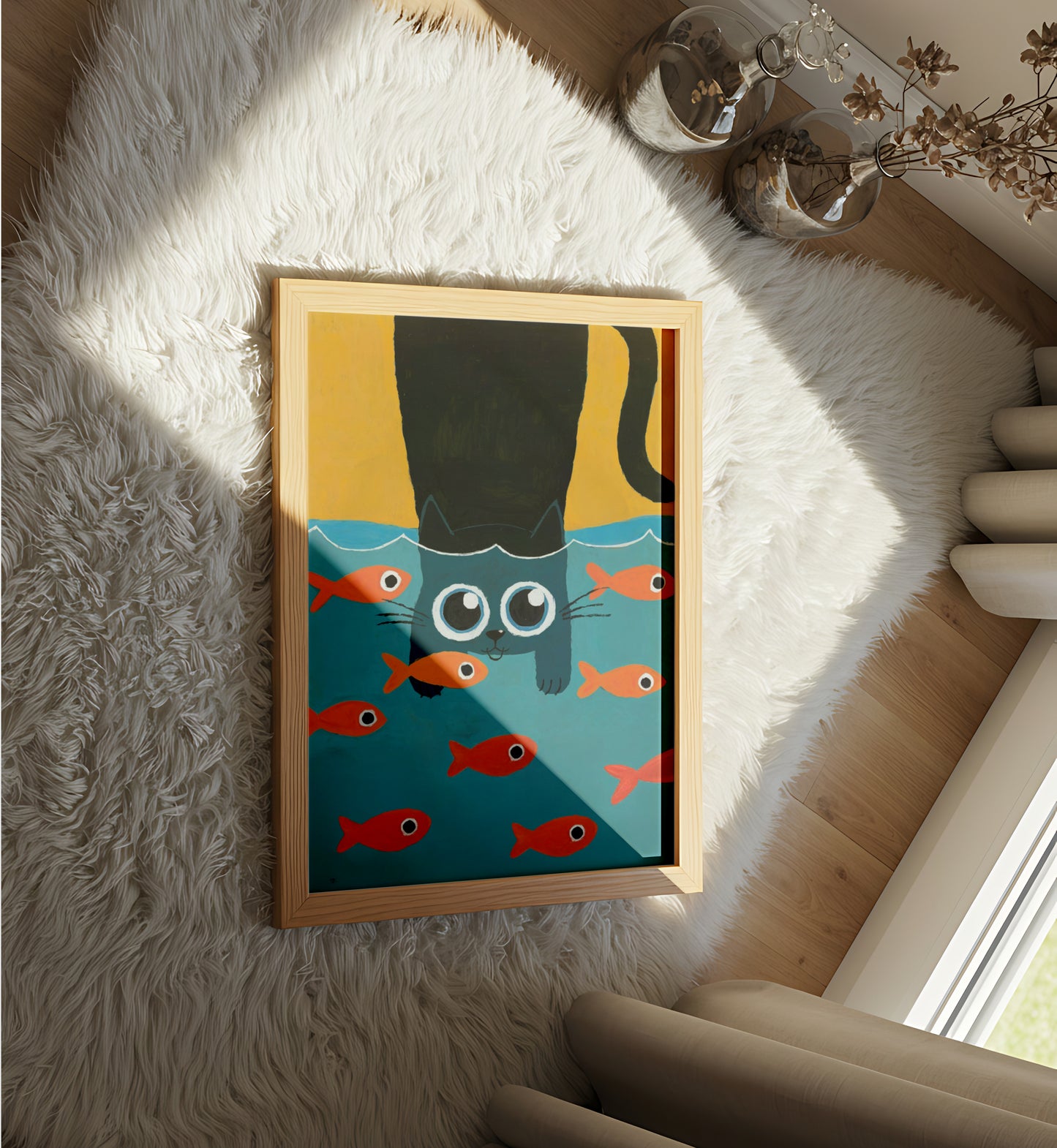 Cute Cat Enjoying The Fishes - Dog and Cat Posters