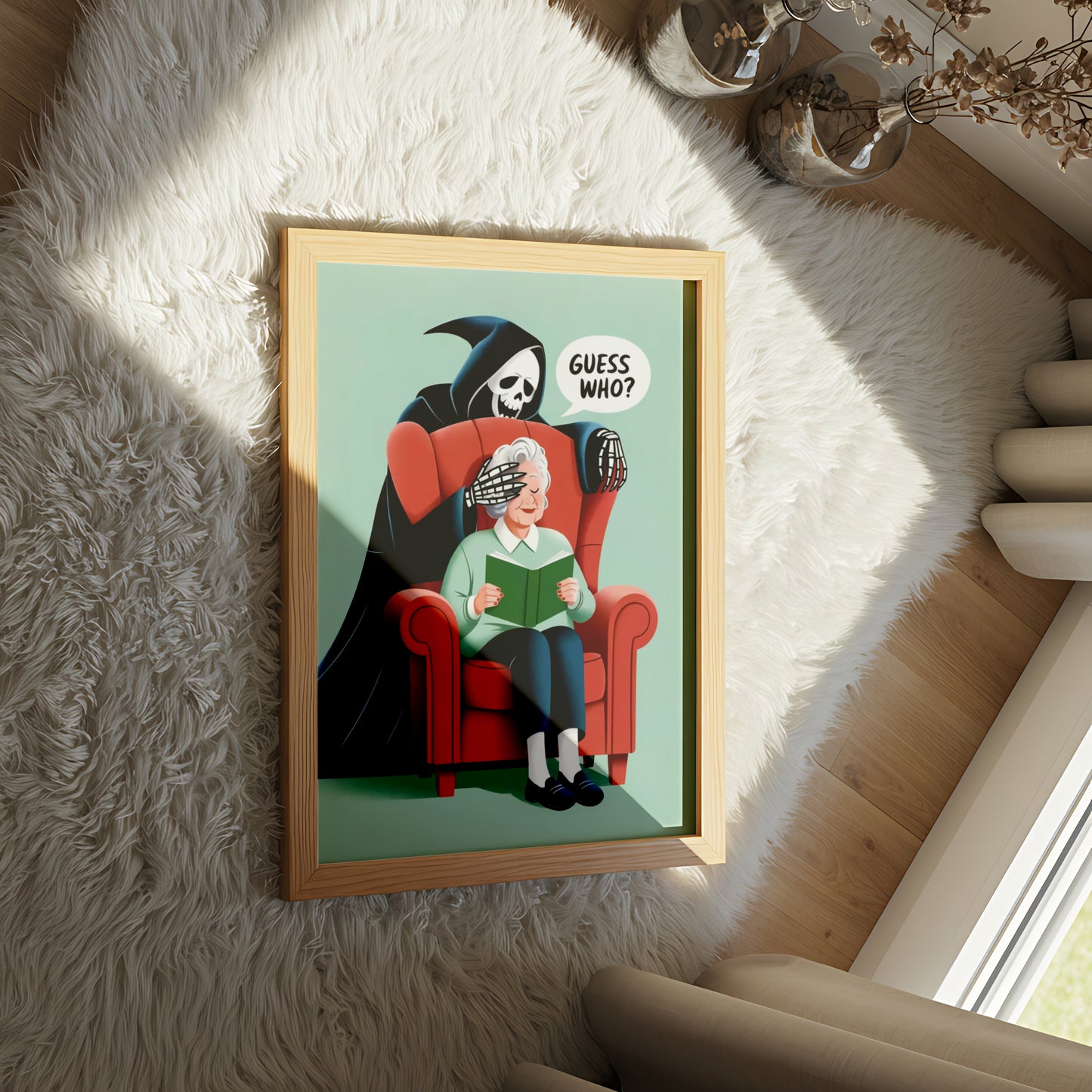 "Guess Who" Dark Humor Illustration Grim Reaper Surprising Elderly Woman Reading - Funny Poster