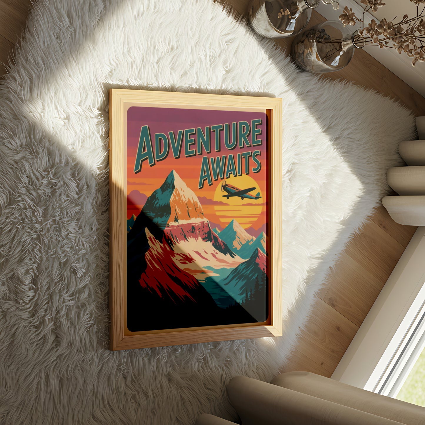 "Adventure Awaits" Vintage Travel Poster with Mountains and Airplane at Sunset - Outdoor Activities