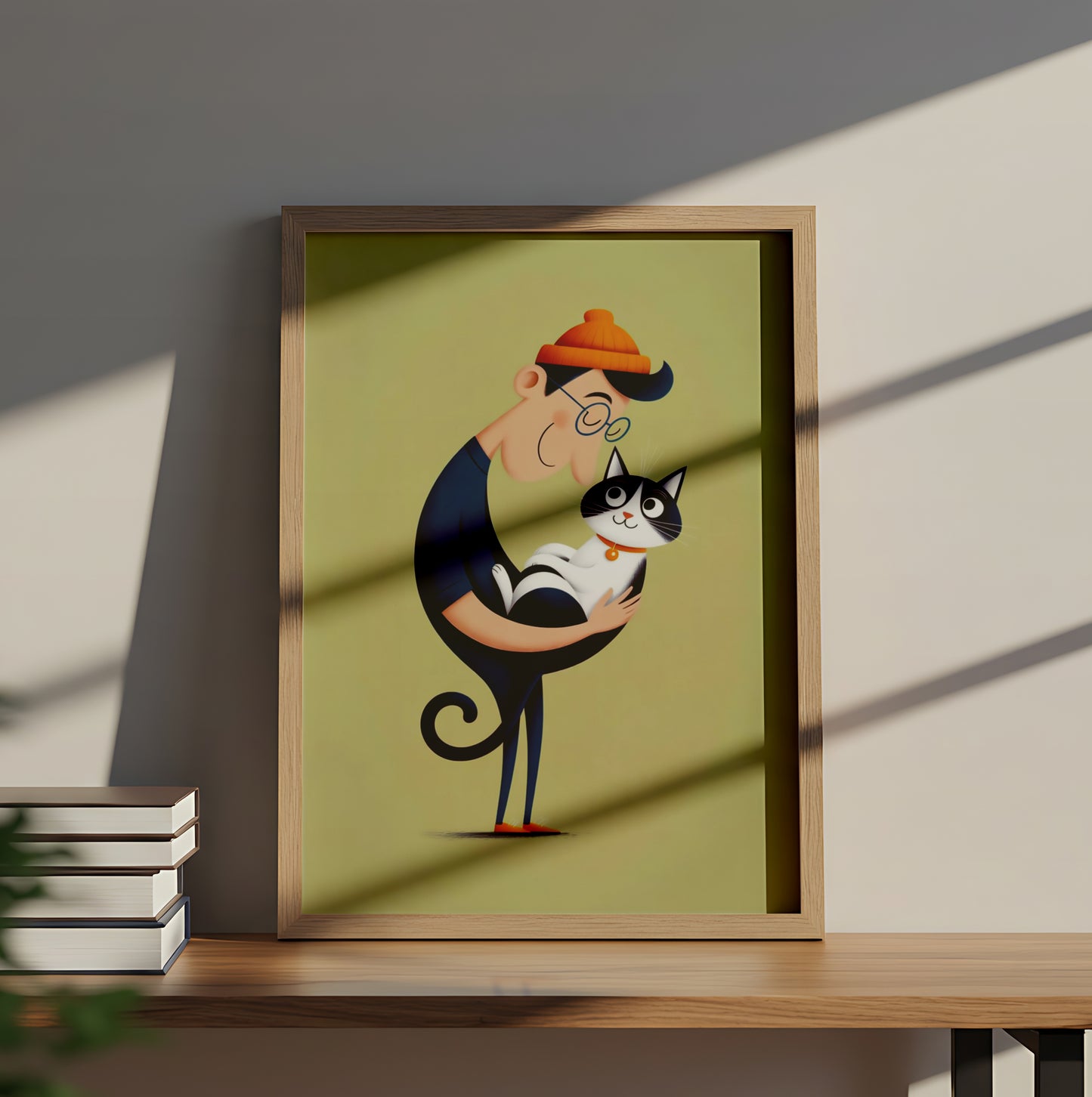 Quirky Cartoon of Man Holding Happy Black and White Cat - Dog and Cat Posters