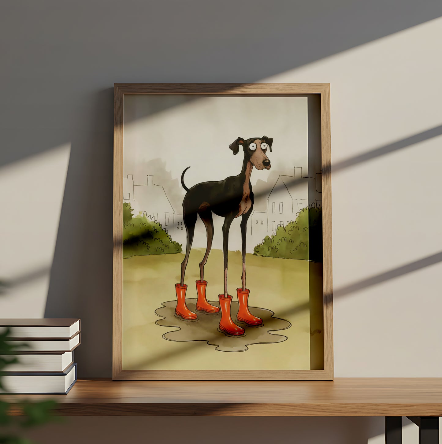 Funny Cartoon Dog Wearing Rain Boots Standing in Puddle - Dog and Cat Posters
