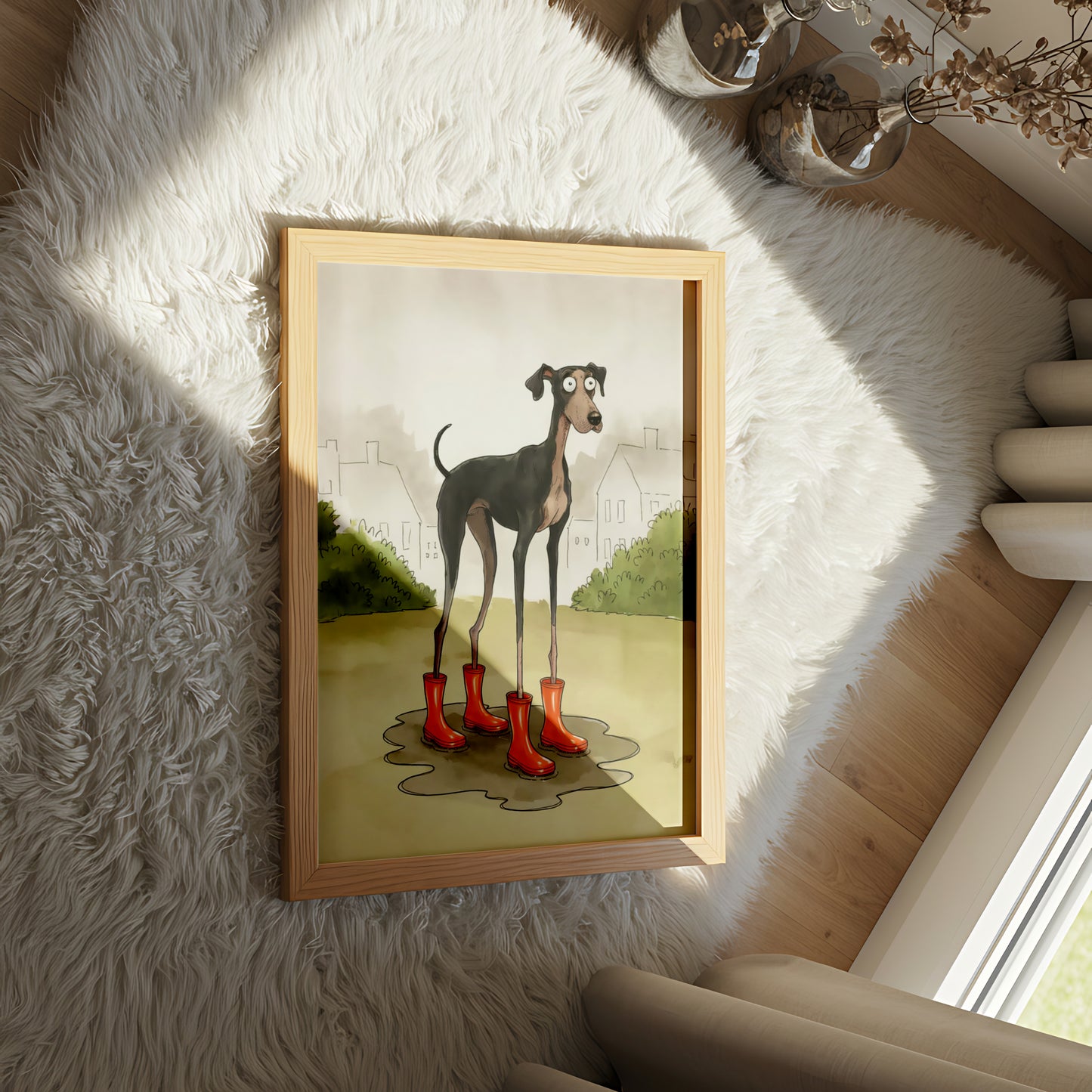 Funny Cartoon Dog Wearing Rain Boots Standing in Puddle - Dog and Cat Posters