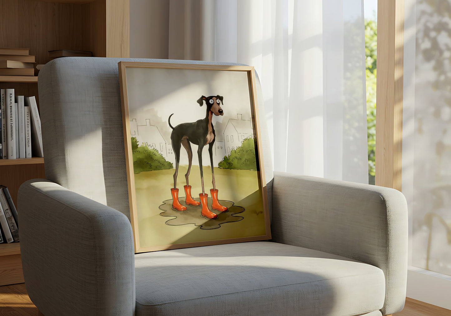Funny Cartoon Dog Wearing Rain Boots Standing in Puddle - Dog and Cat Posters