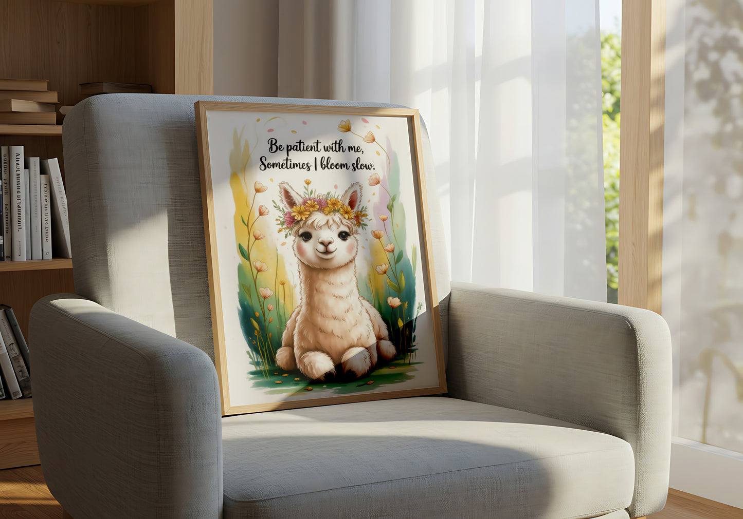 "Be Patient with Me, Sometimes I Bloom Slow" Inspirational Llama Wall Art - Mental Health Poster