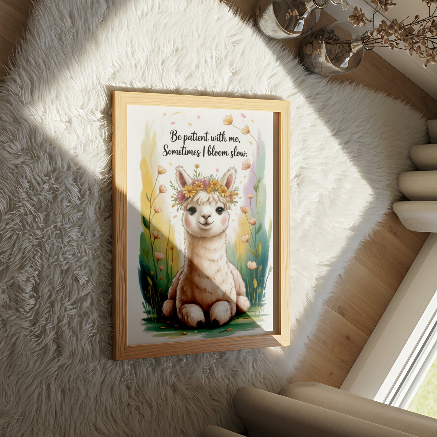 "Be Patient with Me, Sometimes I Bloom Slow" Inspirational Llama Wall Art - Mental Health Poster