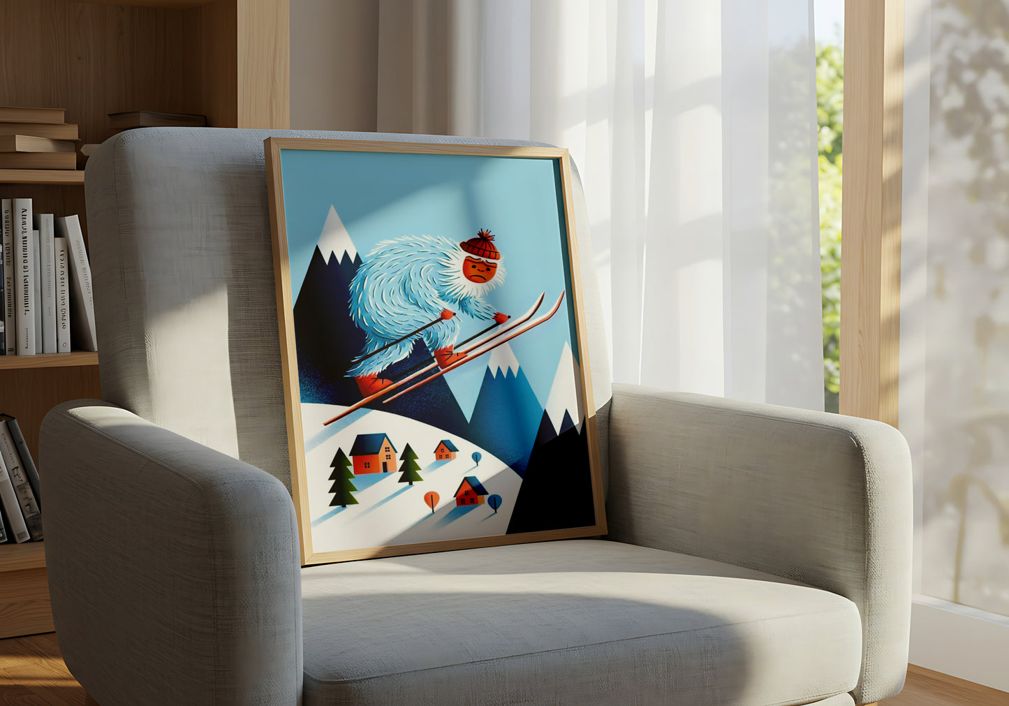Funny Yeti Skiing in the Mountains and Whimsical Winter Cartoon Illustration - Outdoor Activities