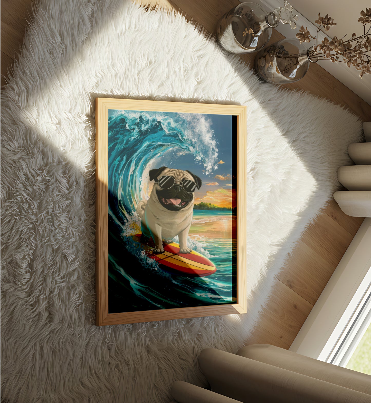 Pug Surfing at the Beach - Dog and Cat Posters