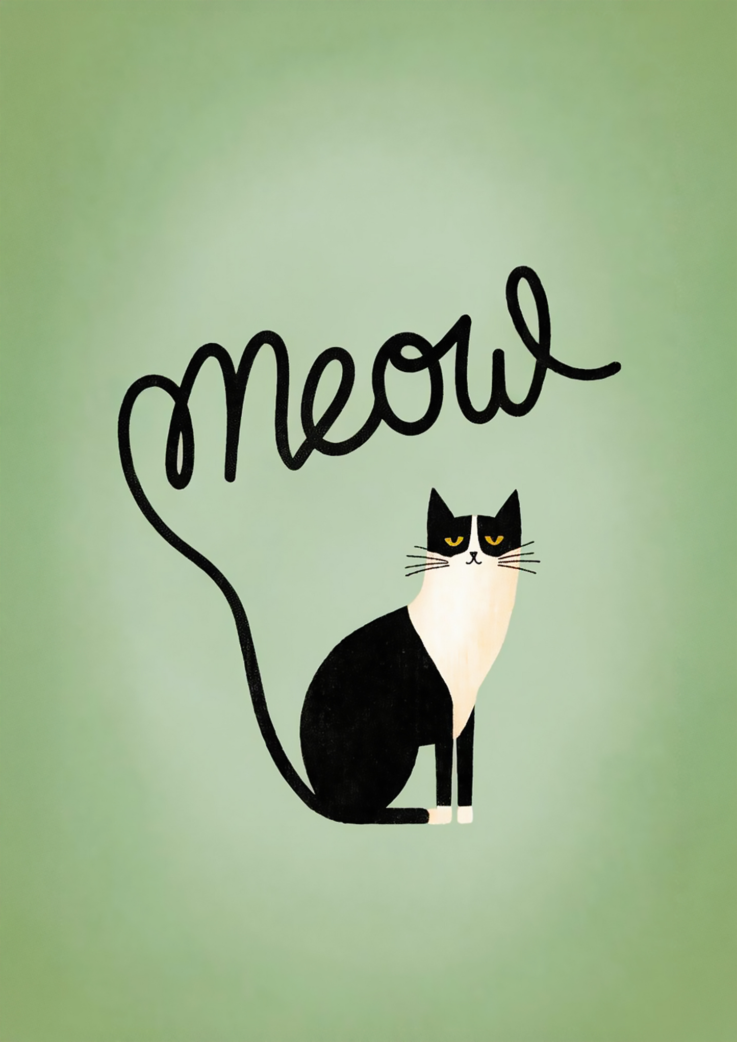 Whimsical Black and White Cat Illustration with 'Meow' Tail - Dog and Cat Posters
