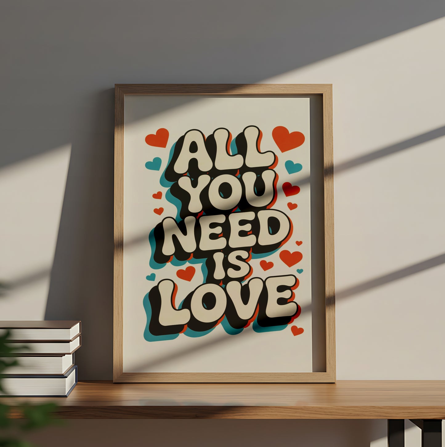 "All You Need Is Love" Retro Typography Wall Art with Colorful Hearts - Mental Health Poster