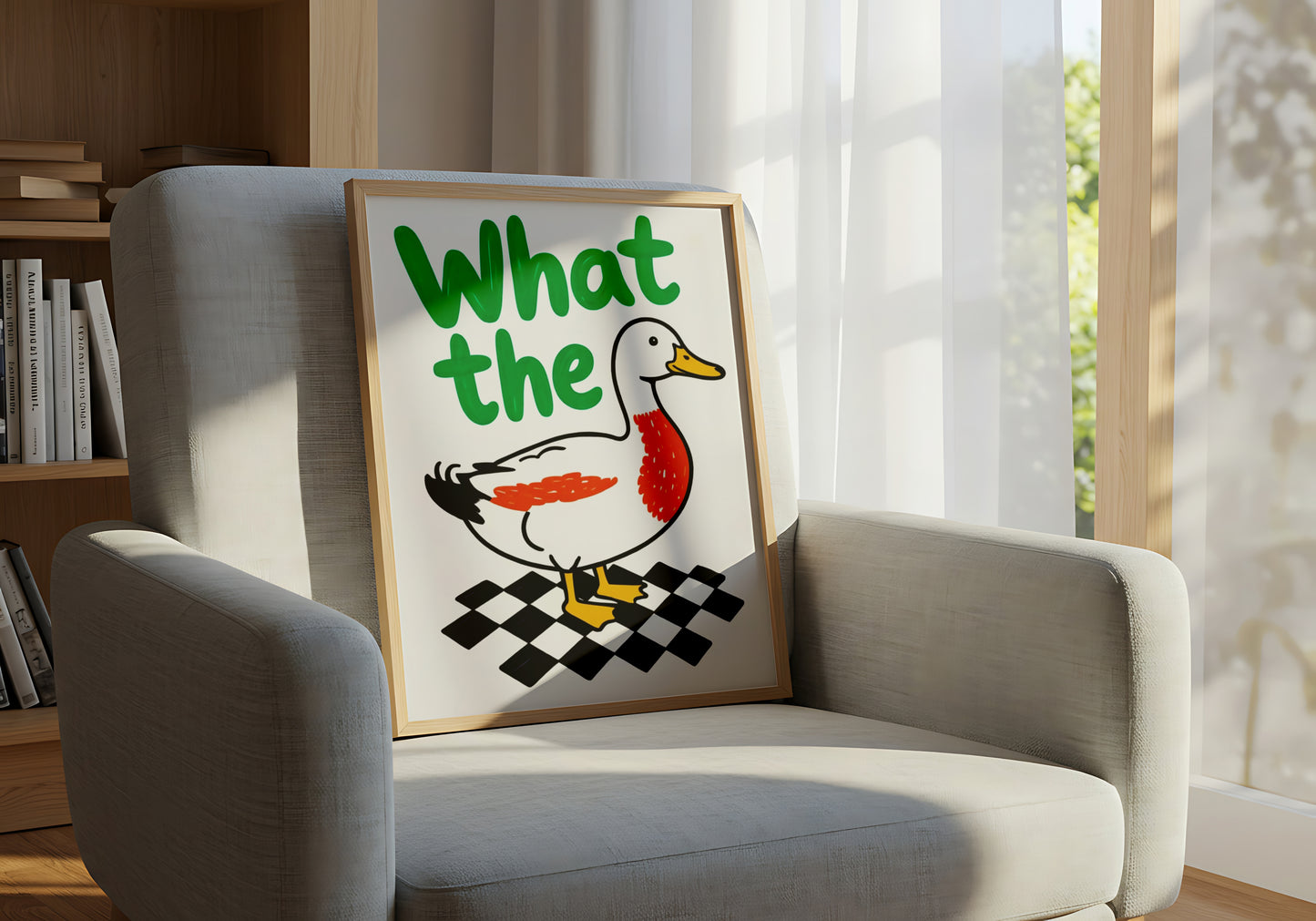 "What the Duck" Cartoon Duck Art on Checkered Floor - Funny Poster