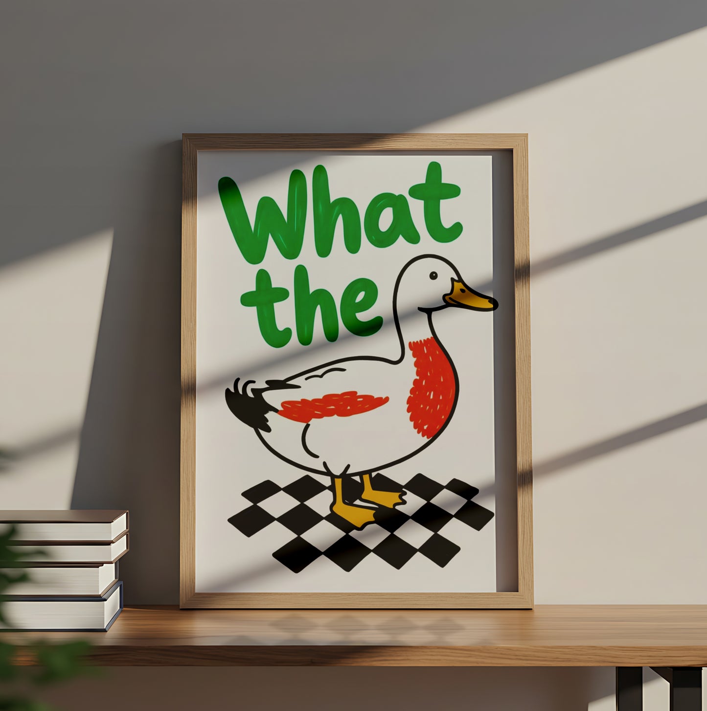 "What the Duck" Cartoon Duck Art on Checkered Floor - Funny Poster