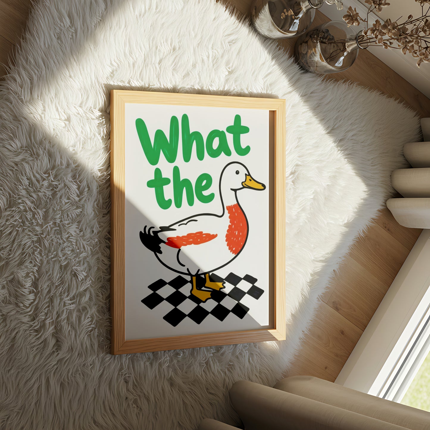 "What the Duck" Cartoon Duck Art on Checkered Floor - Funny Poster