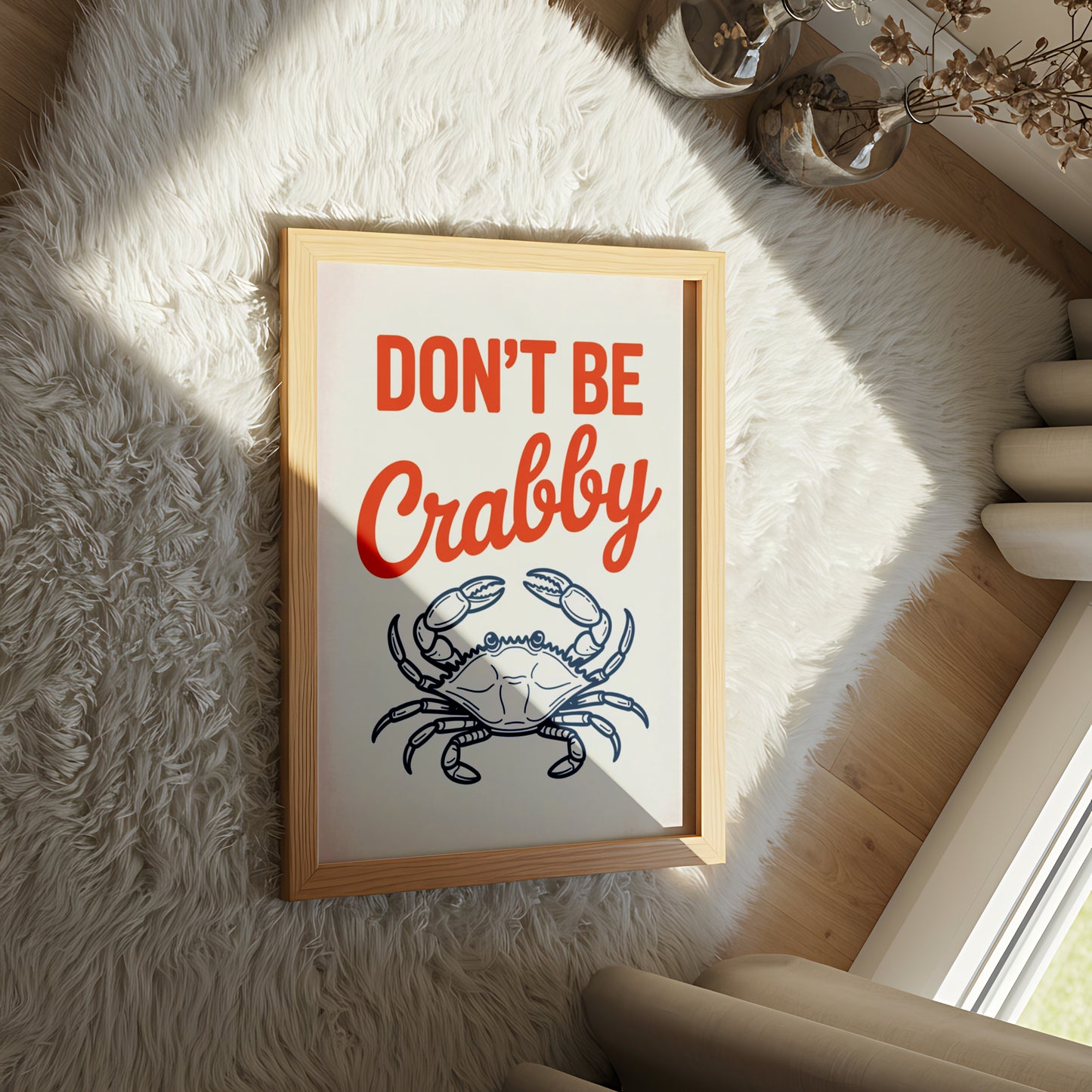 "Don't Be Crabby" Quote with Cartoon Crab - Funny Poster