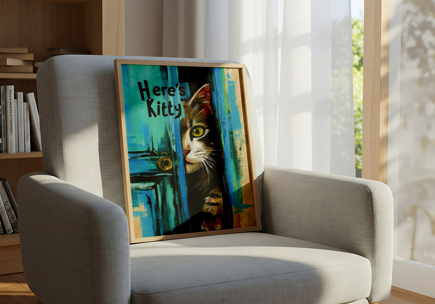 "Here’s Kitty" Painting of Cat Peeking Through Door - Dog and Cat Posters