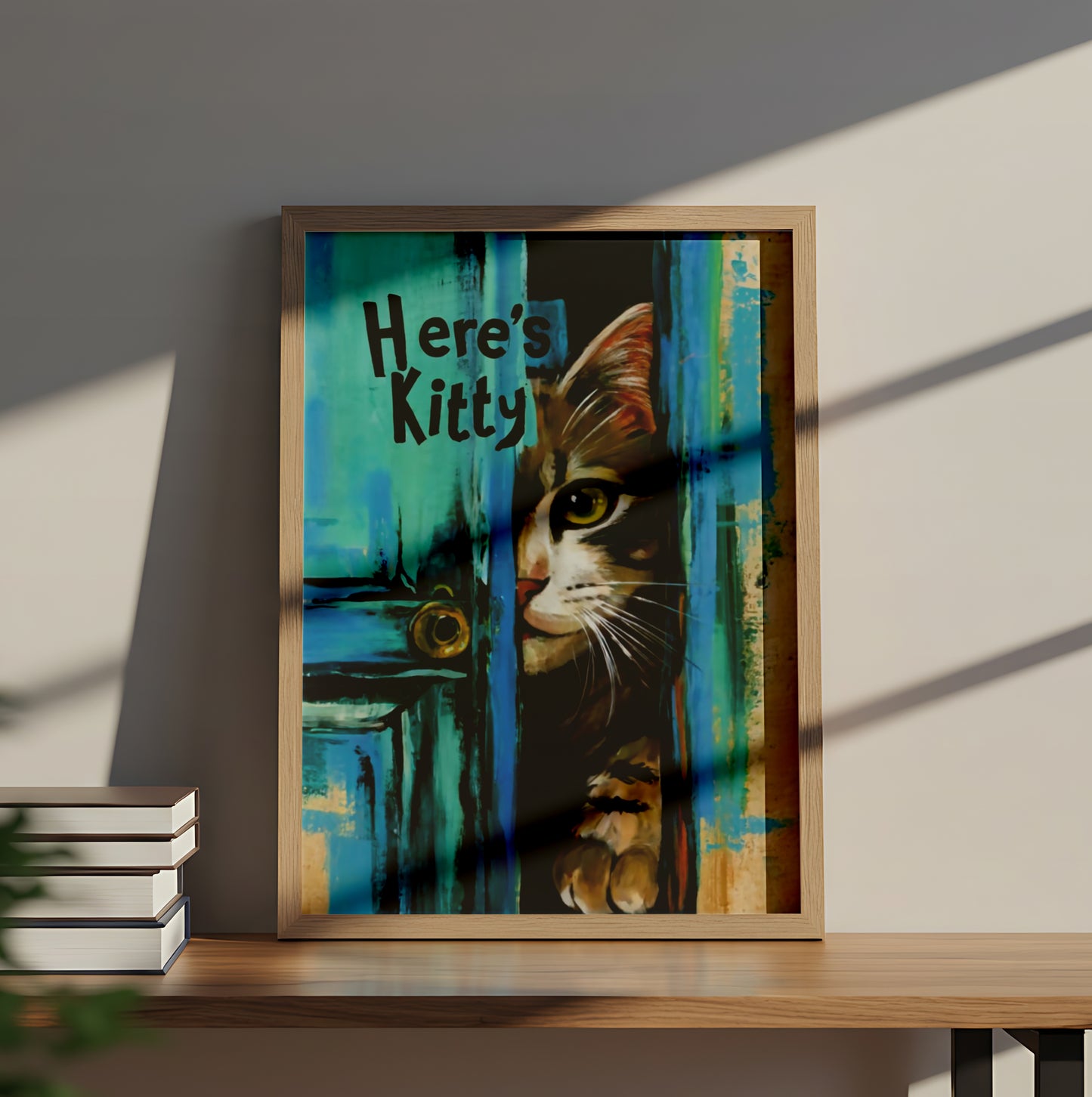 "Here’s Kitty" Painting of Cat Peeking Through Door - Dog and Cat Posters