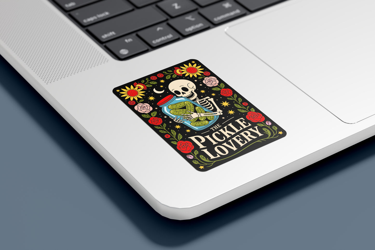 Funny Pickle Lover Skeleton Sticker β Gothic Jar of Pickles Floral Design