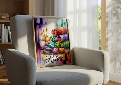 Colorful Relaxation, Aromatherapy Candles, Towels & Healing Stones for Mindfulness & Wellness- Mental Health Posters