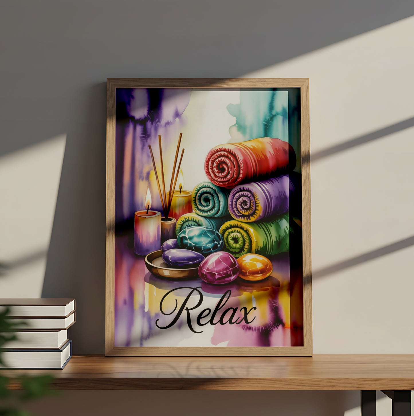 Colorful Relaxation, Aromatherapy Candles, Towels & Healing Stones for Mindfulness & Wellness- Mental Health Posters