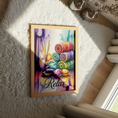 Colorful Relaxation, Aromatherapy Candles, Towels & Healing Stones for Mindfulness & Wellness- Mental Health Posters
