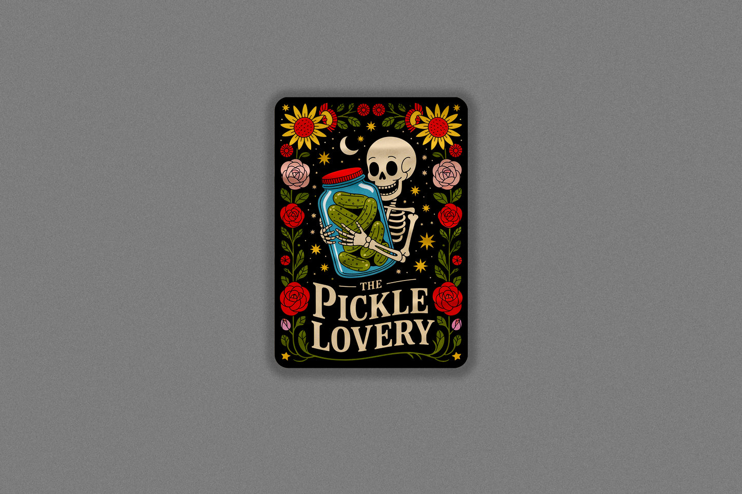 Funny Pickle Lover Skeleton Sticker – Gothic Jar of Pickles Floral Design