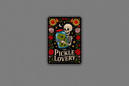 Funny Pickle Lover Skeleton Sticker – Gothic Jar of Pickles Floral Design