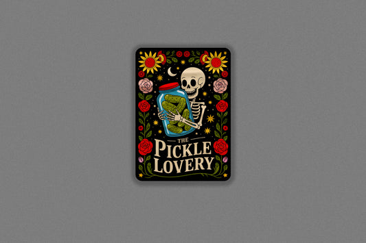 Funny Pickle Lover Skeleton Sticker – Gothic Jar of Pickles Floral Design