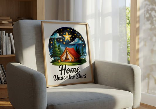 "Home Under the Stars" Cozy Camping Tent in a Forest Night Sky Scene - Outdoor Activities