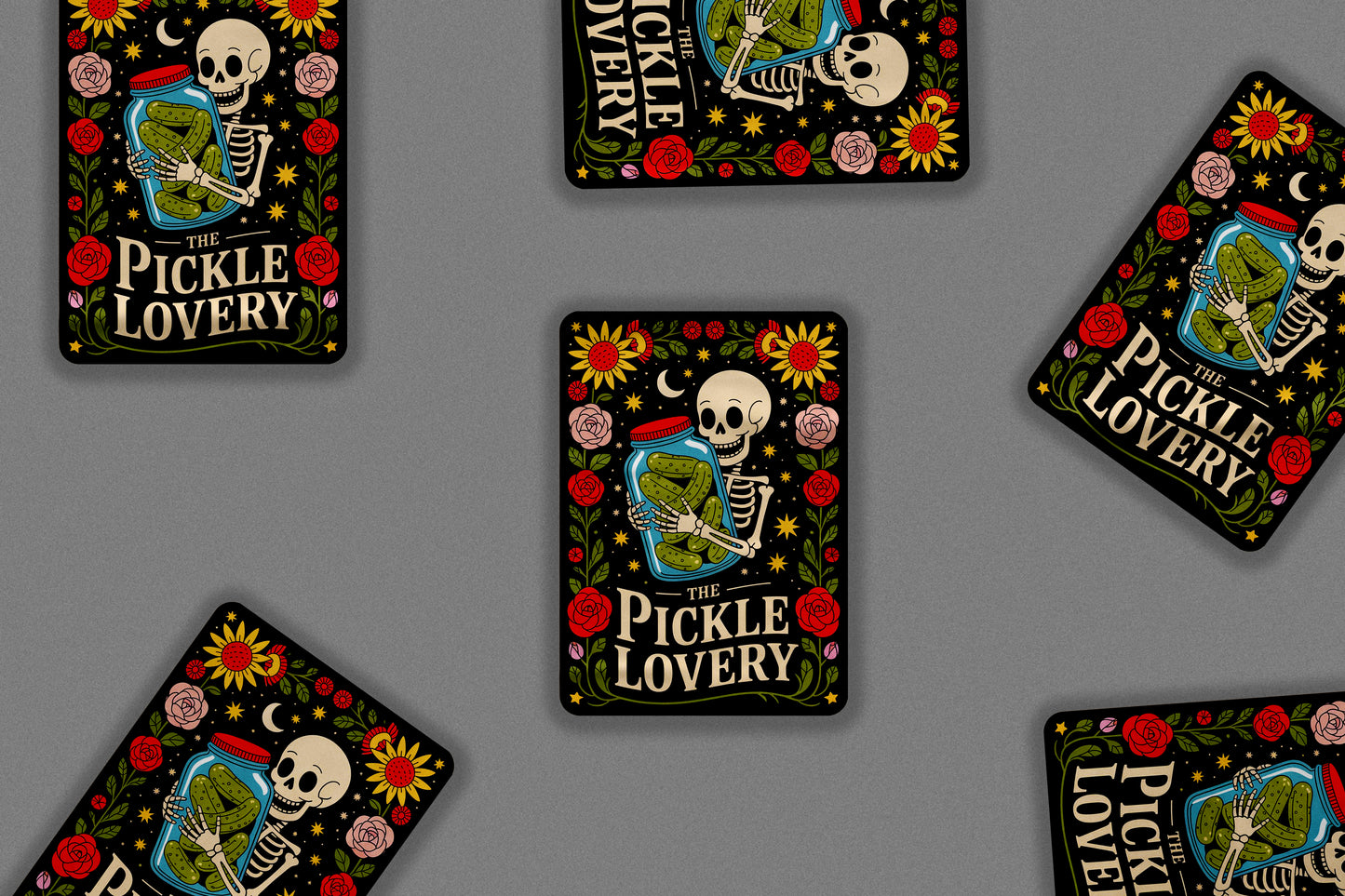 Funny Pickle Lover Skeleton Sticker – Gothic Jar of Pickles Floral Design