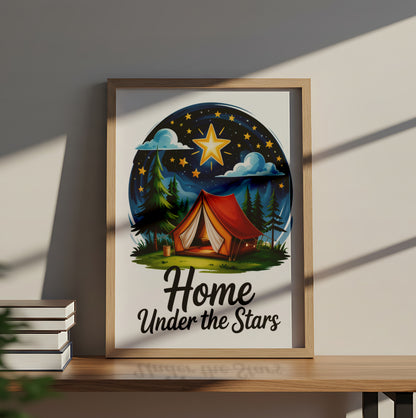 "Home Under the Stars" Cozy Camping Tent in a Forest Night Sky Scene - Outdoor Activities