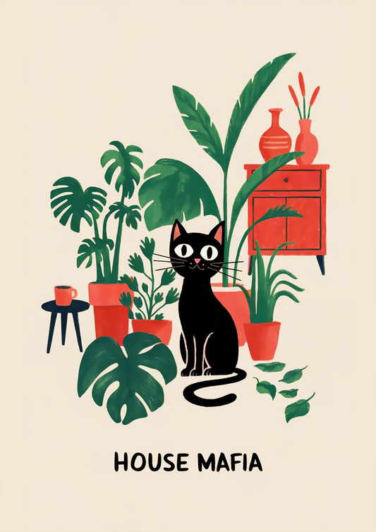 Black Cat with Houseplants and Retro Decor “House Mafia” - Dog and Cat Posters