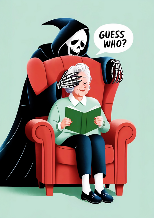 "Guess Who" Dark Humor Illustration Grim Reaper Surprising Elderly Woman Reading  - Funny Poster